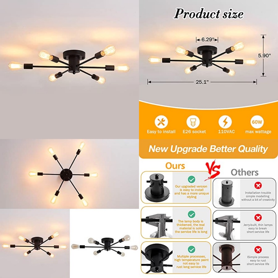 6 Lights Sputnik Semi Flush Mo - Farming & Agriculture Word Stacks 评论和价格